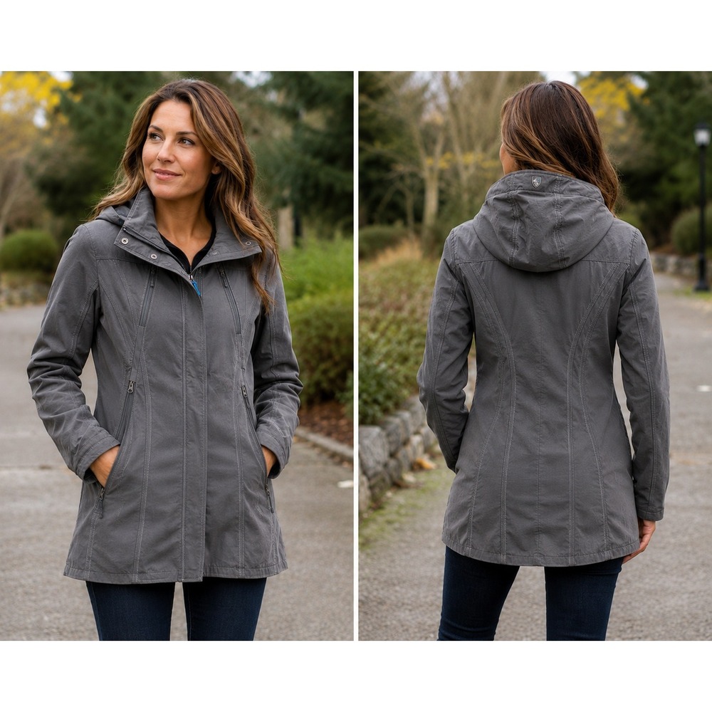 KÜHL Projekt Lena Women S Hooded Raincoat Trench Jacket Gray Blue Hike Gorpcore
